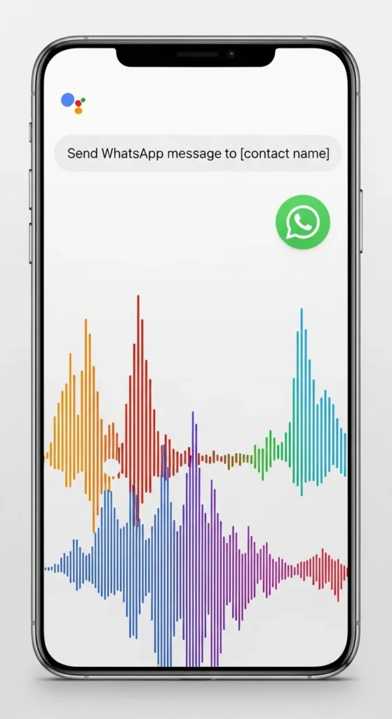 The Google Assistant interface shows a voice command to send a WhatsApp message.
