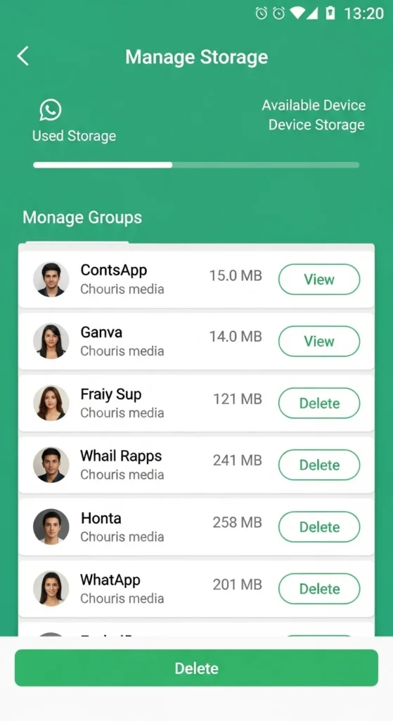 The WhatsApp Manage Storage screen displays contacts and groups with storage usage details and delete options.