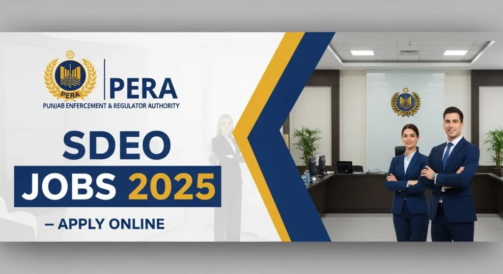 PERA SDEO Jobs 2025 recruitment process with documents labeled PERA Recruitment and a laptop showing the online application form.