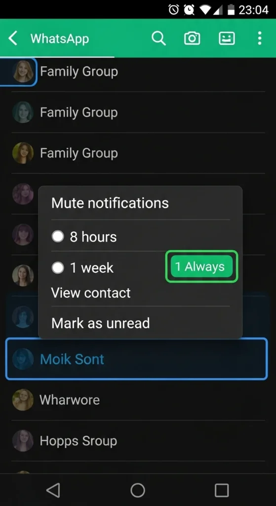 WhatsApp chat screen showing Mute notification option with duration selections.