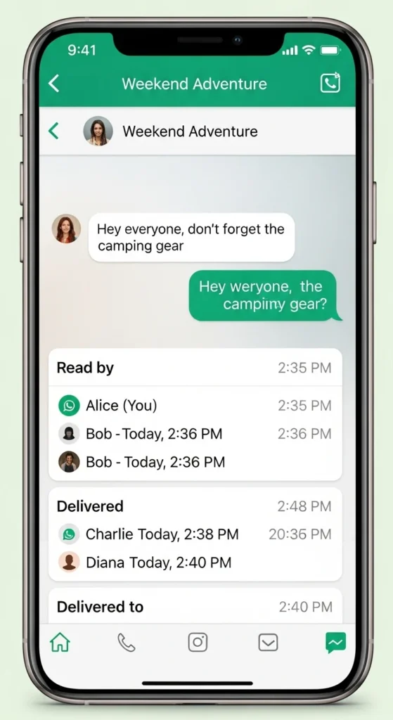 WhatsApp group chat message info screen displaying read receipts for members.