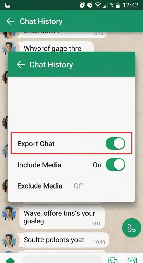 WhatsApp chat export options screen showing “Export Chat” with media toggle.