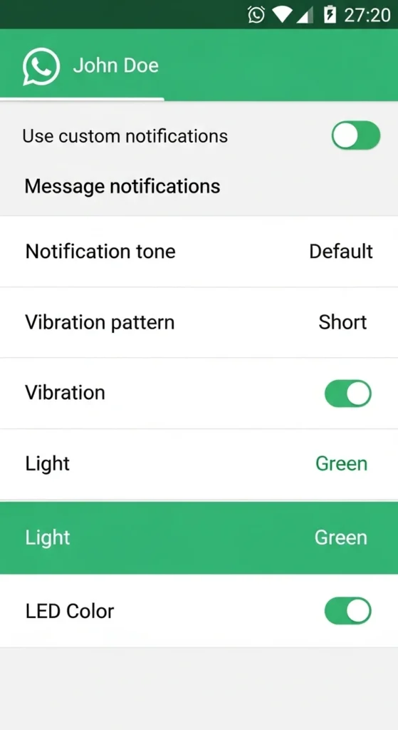 WhatsApp custom notifications settings screen displaying message tone, vibration, and LED color options.