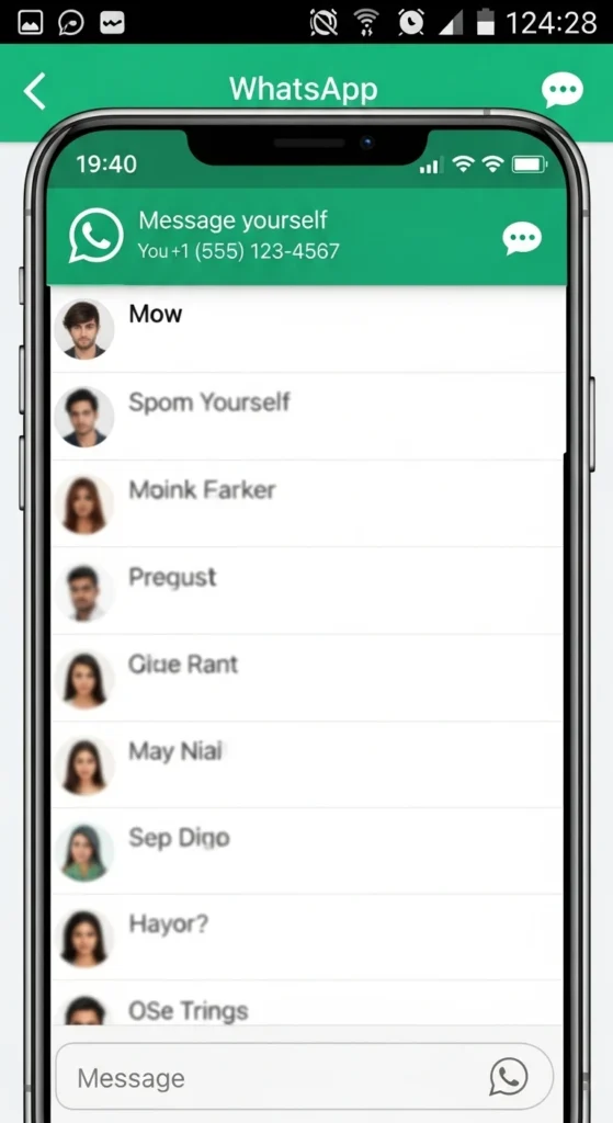 WhatsApp new chat screen displaying the user's own contact at the top for self-messaging.
