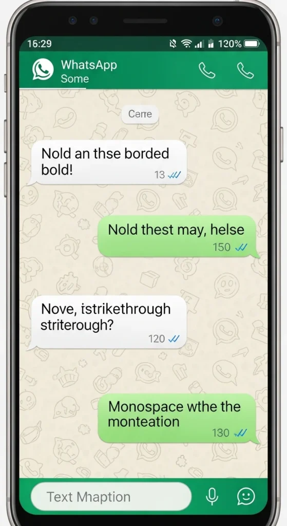 WhatsApp chat screen showing text messages formatted in bold, italic, strikethrough, and monospace styles.