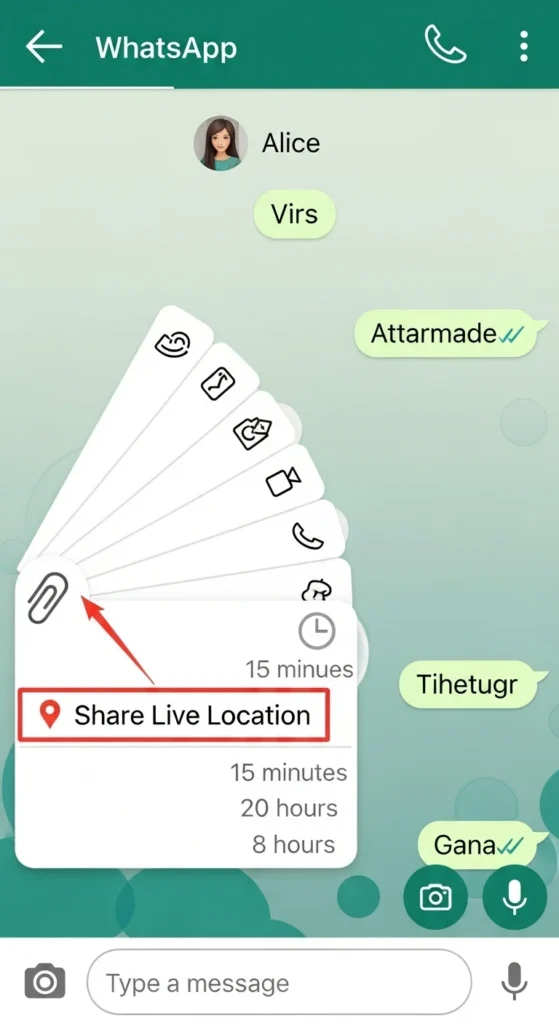 WhatsApp interface showing the Share Live Location option with timer selection.