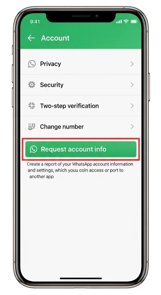 WhatsApp account settings screen showing the “Request Account Info” option.