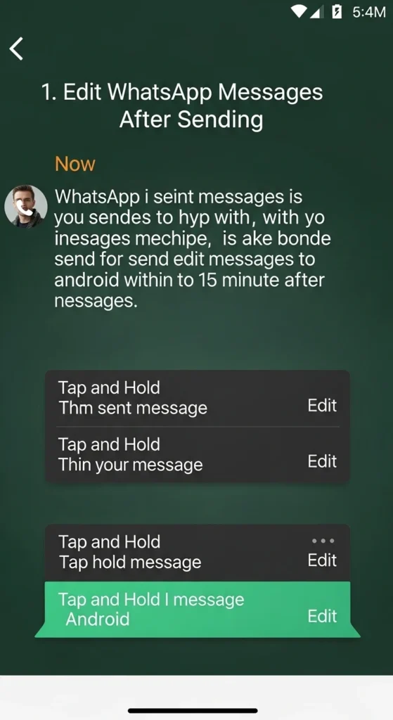 A WhatsApp message edit feature screenshot showing tap-and-hold and Edit option on iOS and Android for editing text messages within 15 minutes.