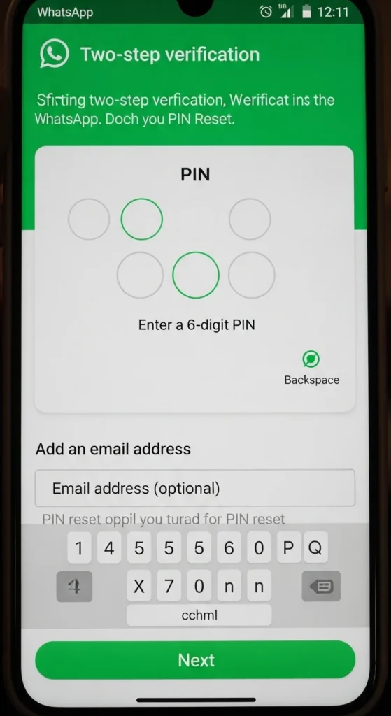 WhatsApp two-step verification setup page showing PIN creation and email addition options.
