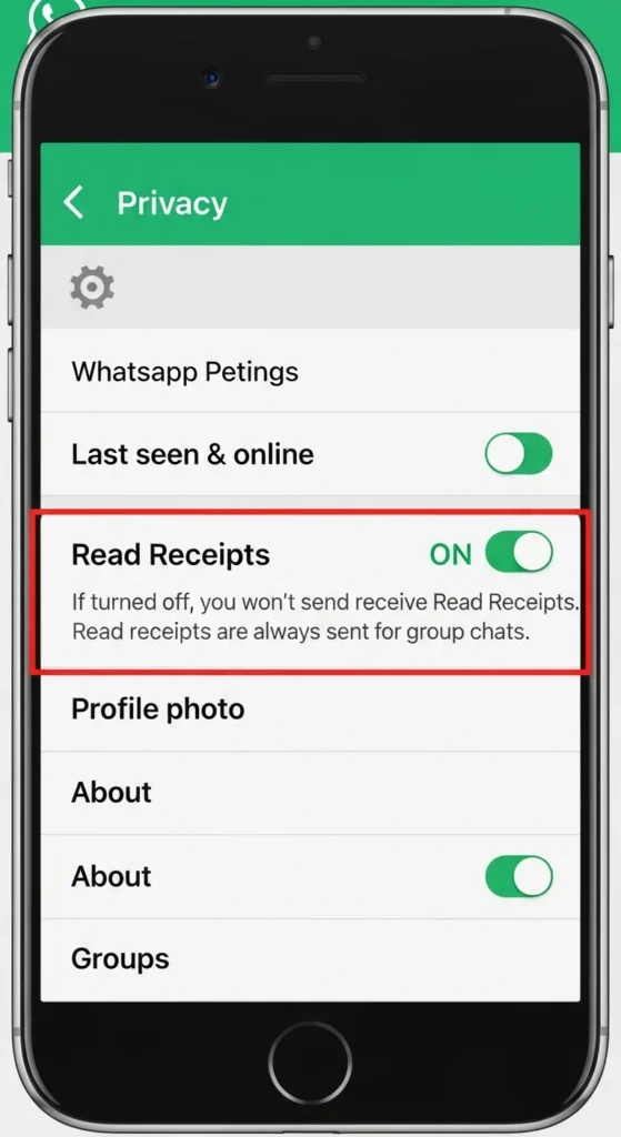 WhatsApp Privacy settings screen displaying Read Receipts toggle button.