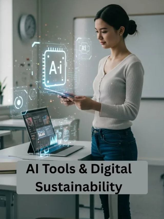 Futuristic AI workspace with eco-friendly tech and digital note-taking holograms.