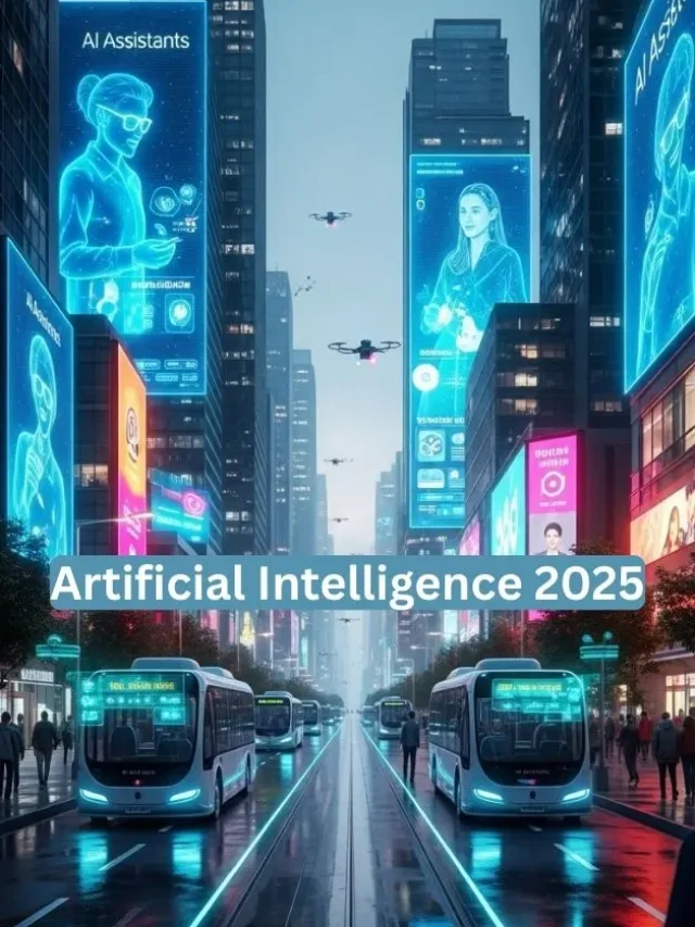 Futuristic city with AI-powered buses and smart wearables.