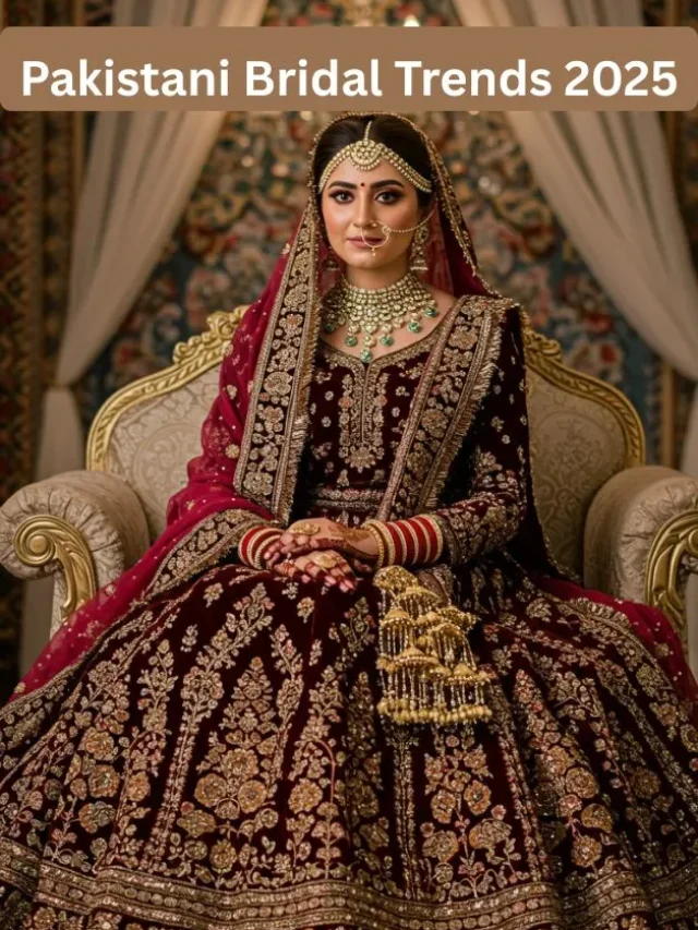 Pakistani bride in red velvet lehenga with gold embroidery and jewelry