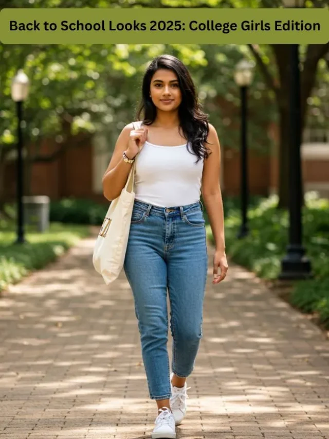 Desi college girl walking on campus in a casual outfit with jeans and a tote bag