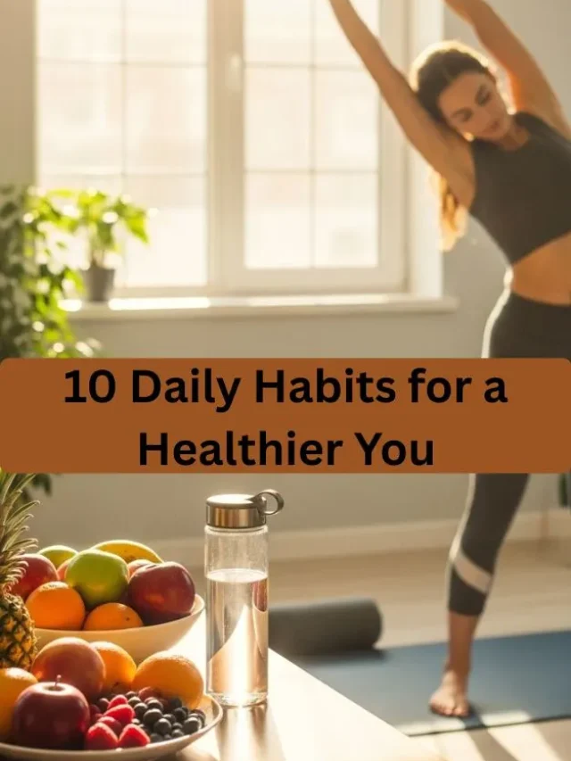 Person stretching in morning with fruits and yoga mat.