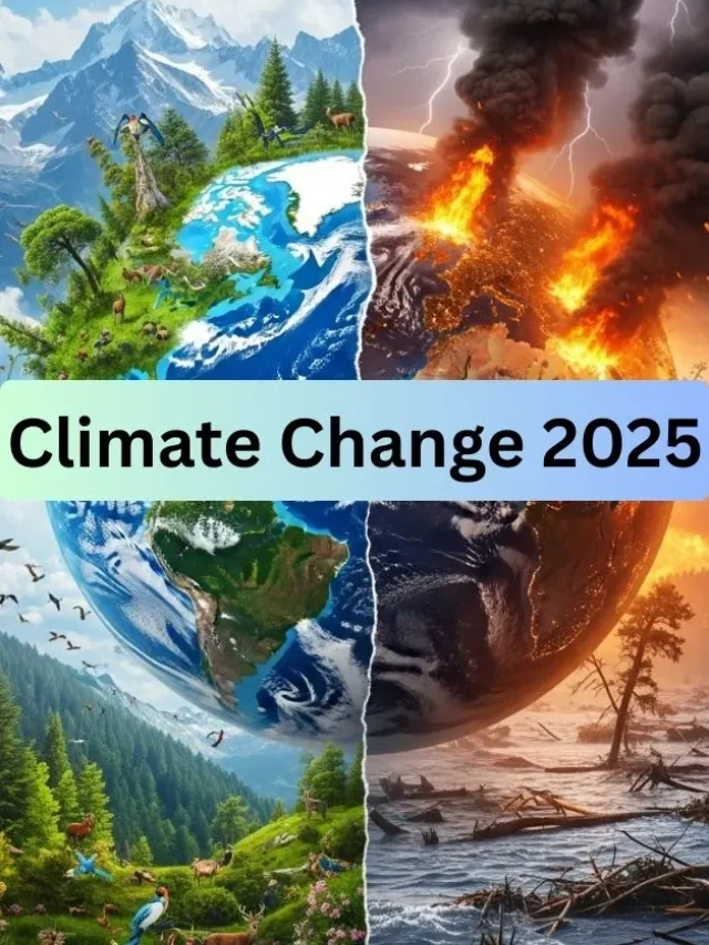 Half green Earth, half burning with wildfires and floods.