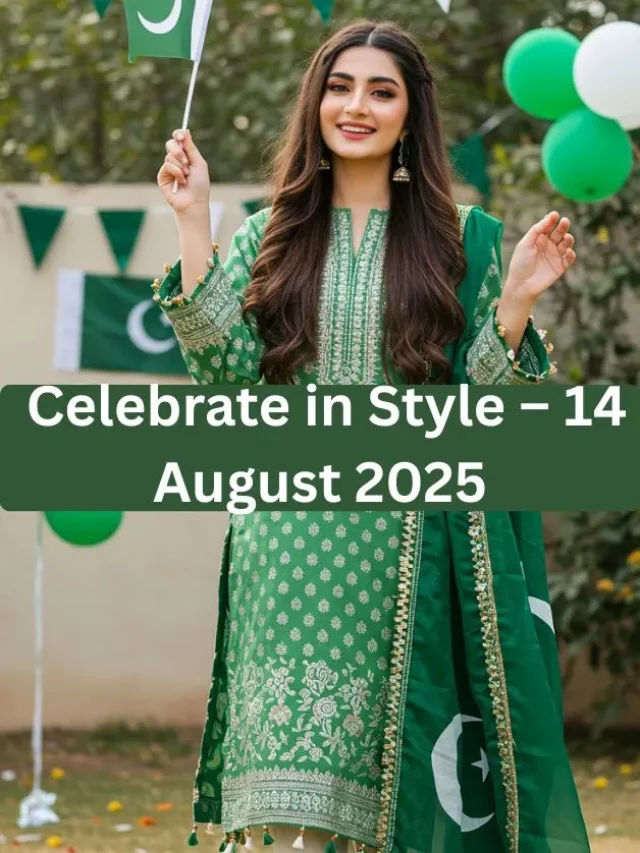 Pakistani girl in green and white dress holding a Pakistani flag for 14 August celebration.