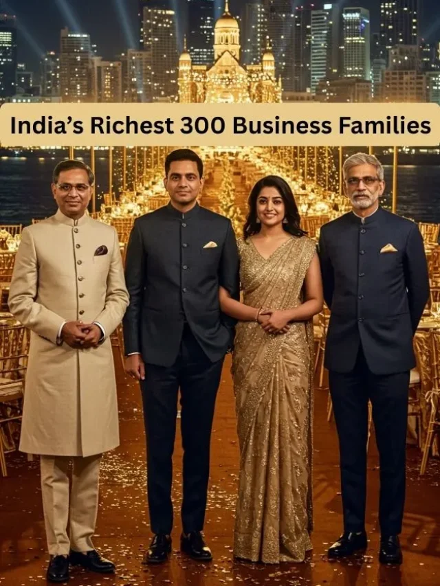 Indian business tycoons at a luxury gala in Mumbai skyline backdrop.