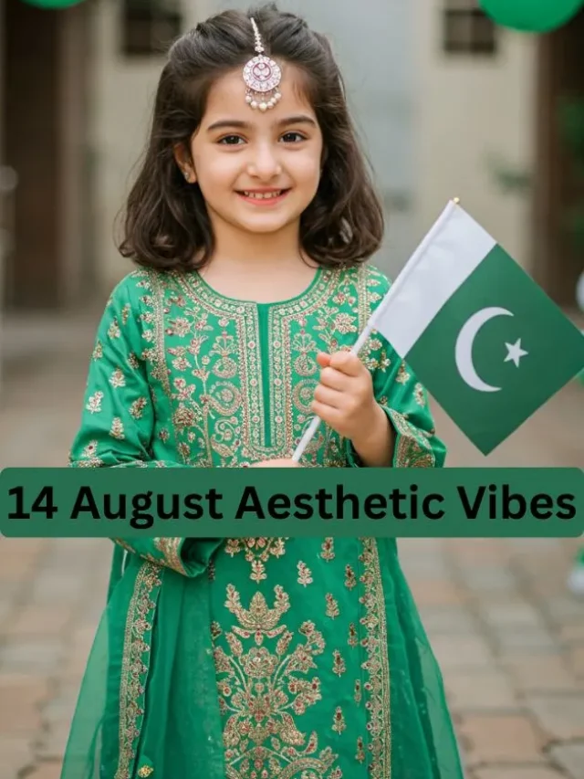 Pakistani girl in a green and white outfit holding the flag, surrounded by festive décor.