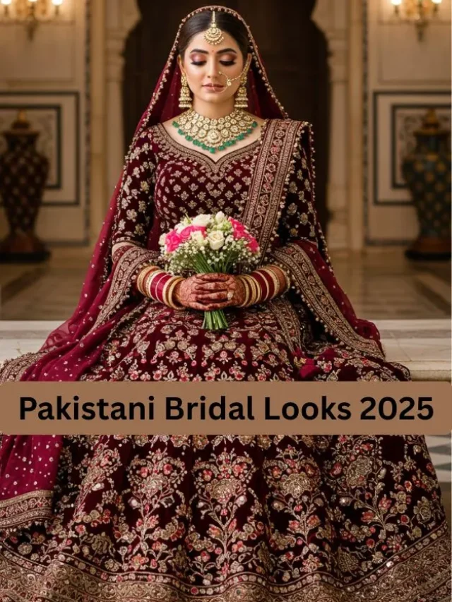Pakistani bride in maroon velvet lehenga with golden embroidery and pastel makeup