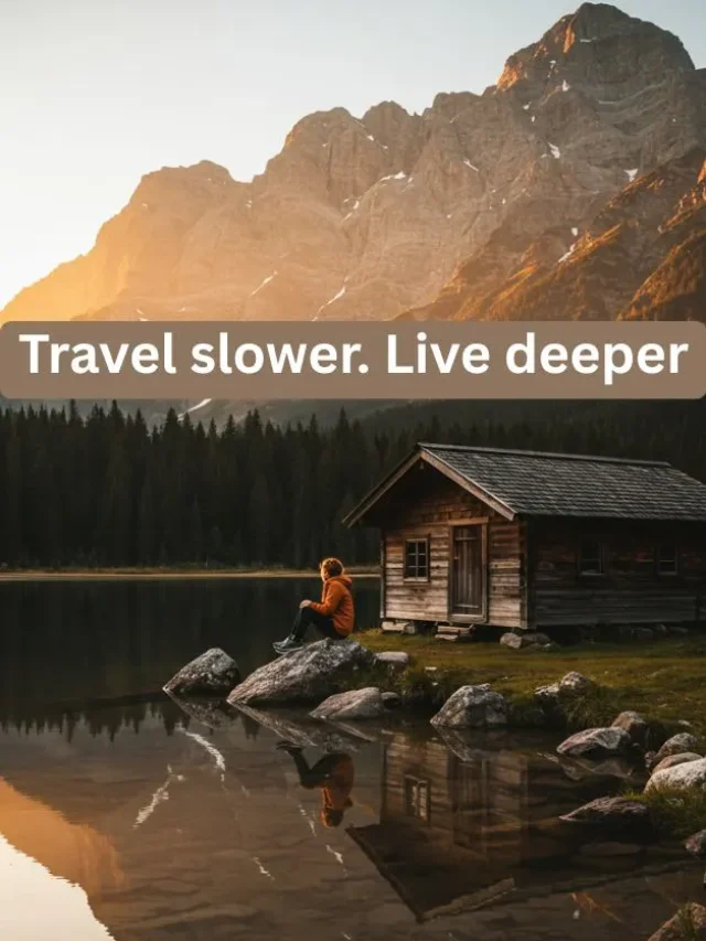 Solo traveler enjoying sunset by a mountain lake in a peaceful slow travel setting.
