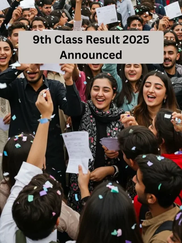 Pakistani students celebrating 9th class result 2025 holding result cards.