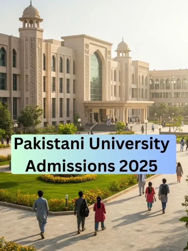 Modern Pakistani university campus with students in bright daylight.