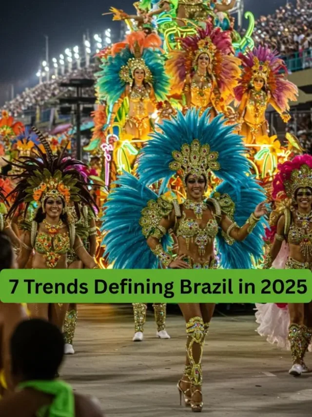 Brazilian Carnival dancers in colorful feathered costumes.