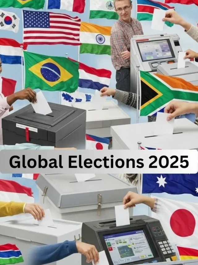 Global election collage with voters and ballot boxes.