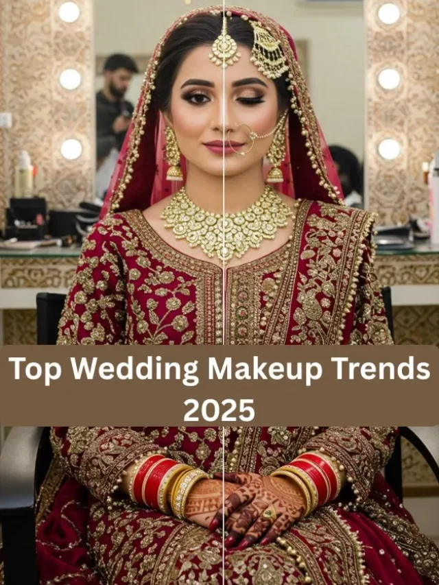 Pakistani bride showing before and after bridal makeup transformation in studio