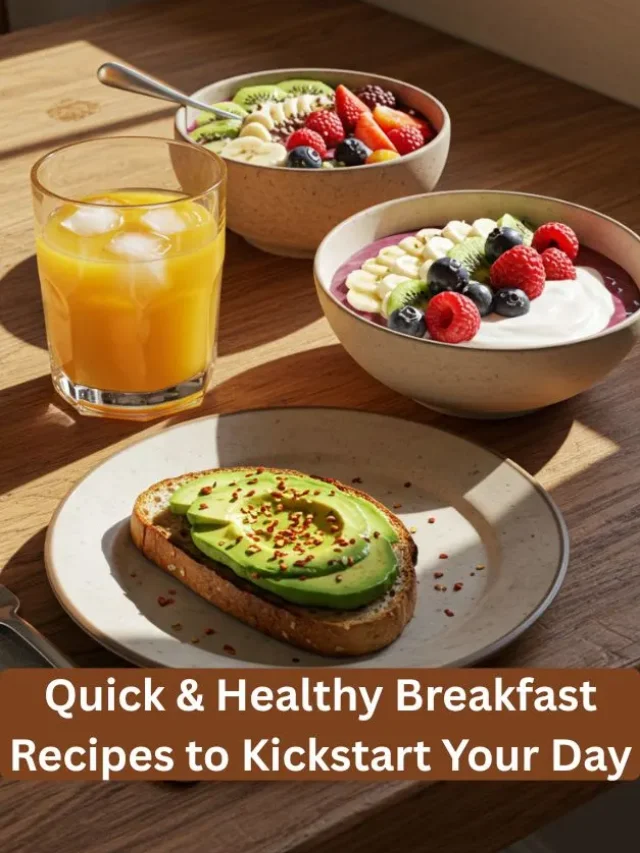 Flat lay of healthy breakfast items like avocado toast, smoothie bowl, yogurt with berries