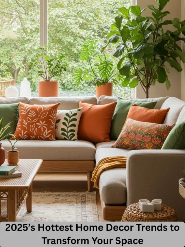 A cozy, modern living room with biophilic design, featuring green plants, natural wood furniture, terracotta and sage green tones, and a linen sofa with bold patterned cushions.