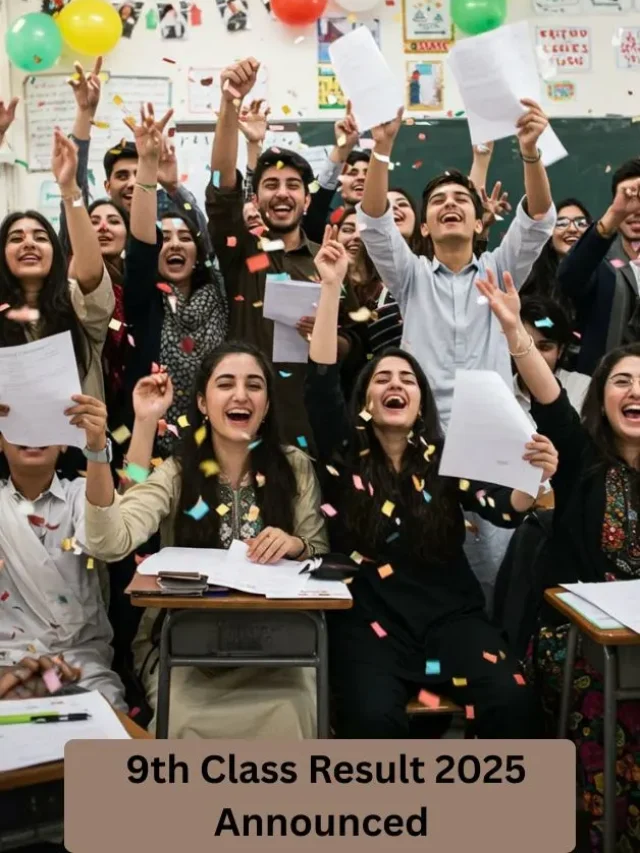 Group of students celebrating 9th class result 2025 with joy.