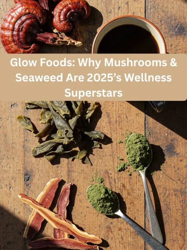 Functional mushrooms and seaweed ingredients in a rustic wellness-themed setup