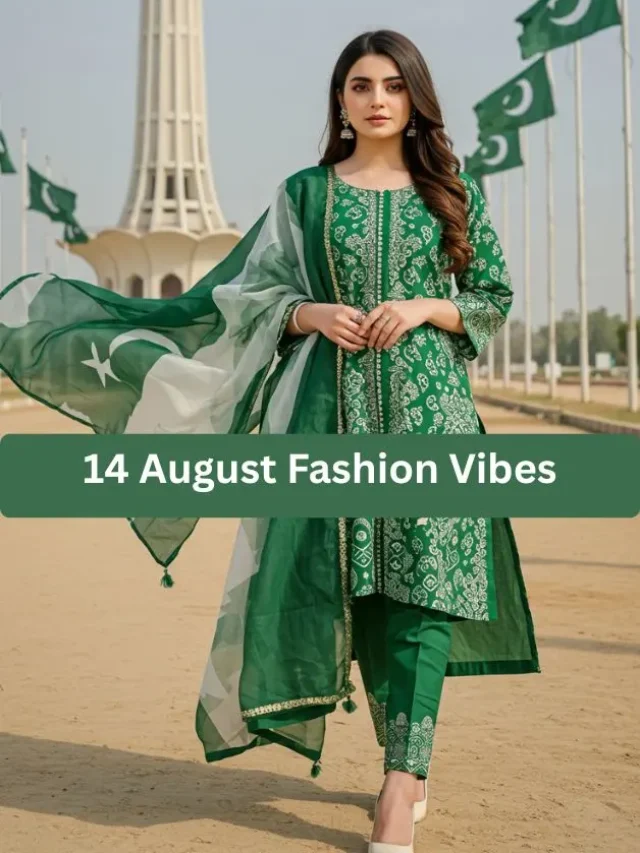 Girl in modern green and white outfit standing near Minar-e-Pakistan with flags on Independence Day