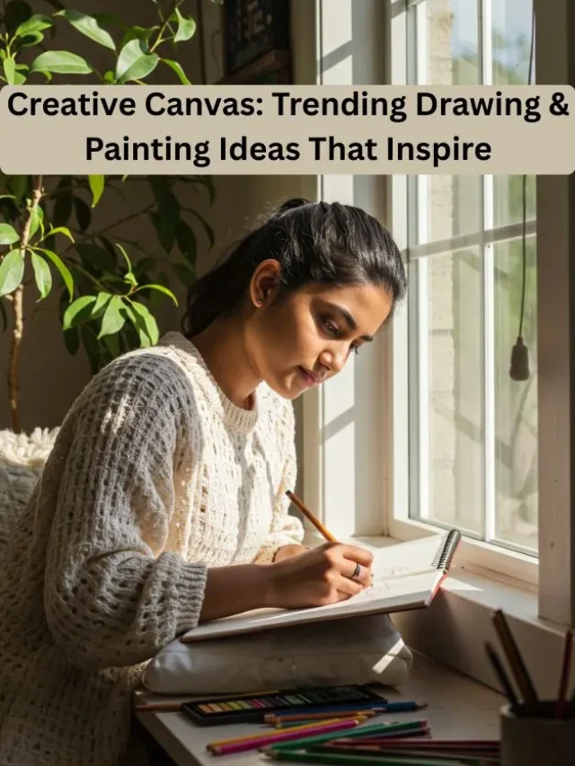 A South Asian girl sketching in natural light with art supplies around her.