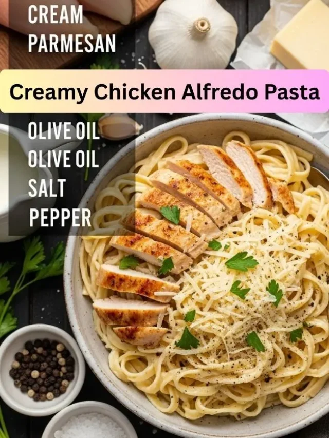 Bowl of Alfredo pasta topped with grilled chicken and parmesan.