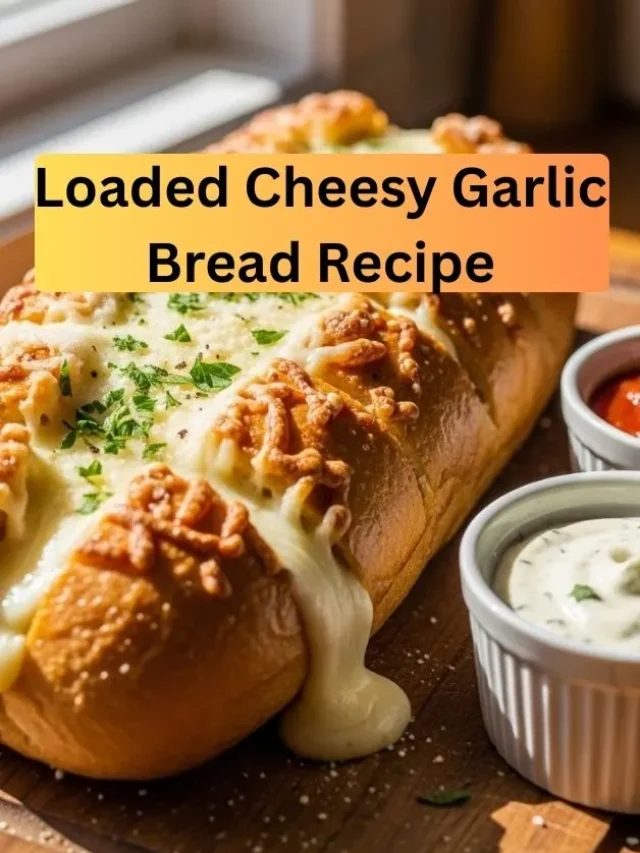 Golden cheesy garlic bread loaf with melted cheese and parsley topping.