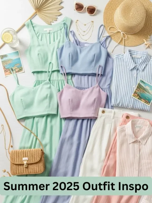 Summer 2025 outfits including dresses, crop tops, and pastel shirts aesthetic