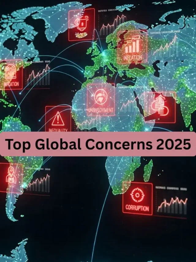 Global map with major issues like inflation, poverty, and unemployment highlighted.