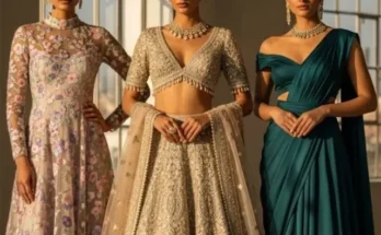 Bridal lehenga, pastel maxi dress, and fusion saree styled for wedding season 2025